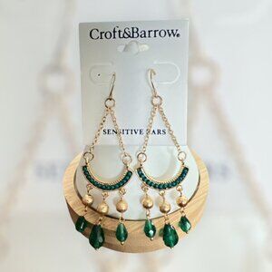 Croft & Barrow 3 1/4" Gold Tone/Green Dangle/Drop Earrings-NWOT